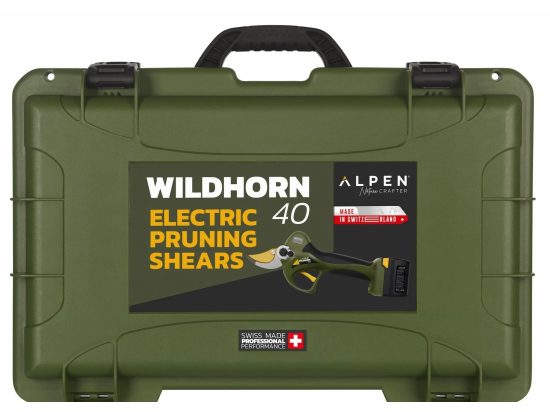 ALPEN WILDHORN 40 – Schweizer Elektrogartenschere mit FELCO-Klinge, Schnittstärke bis 40 mm